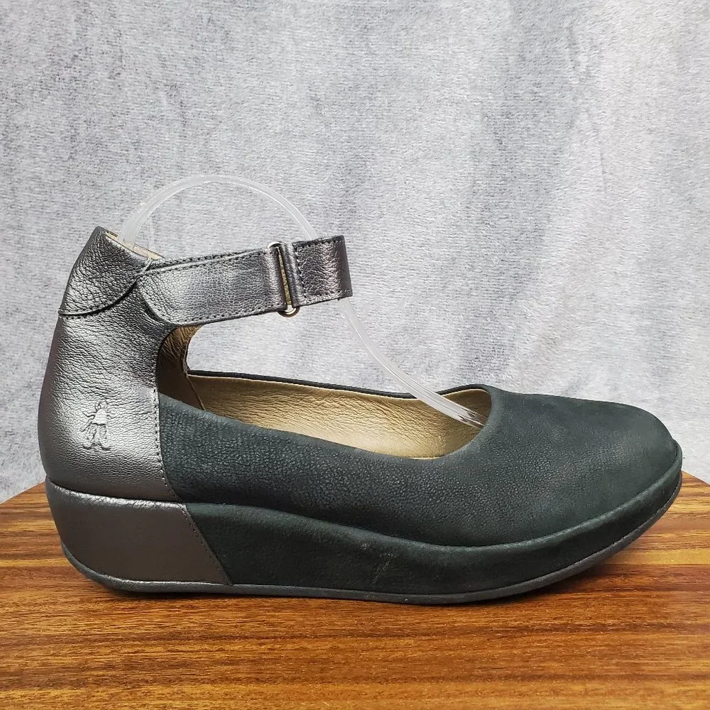 Fly London Sandals Women's 11 42 Black Pewter Leather Bana Platform Strap Shoes